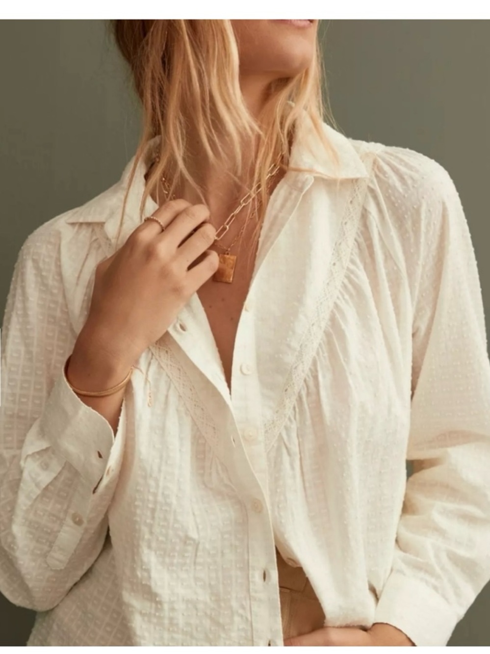 Anthropologie Pilcro white Textured Lace-back Button-Down Shirt